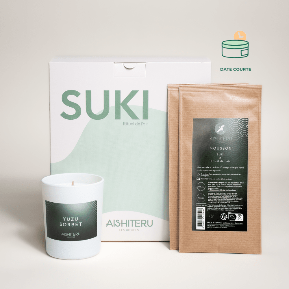 SUKI - Coffret rituel de l’air parfum d'interieur AISHITERU Masques à utiliser de préférence avant janvier 2025 Set de 2 produits Parfum : Thym Citron Yuzu et Eucalyptus