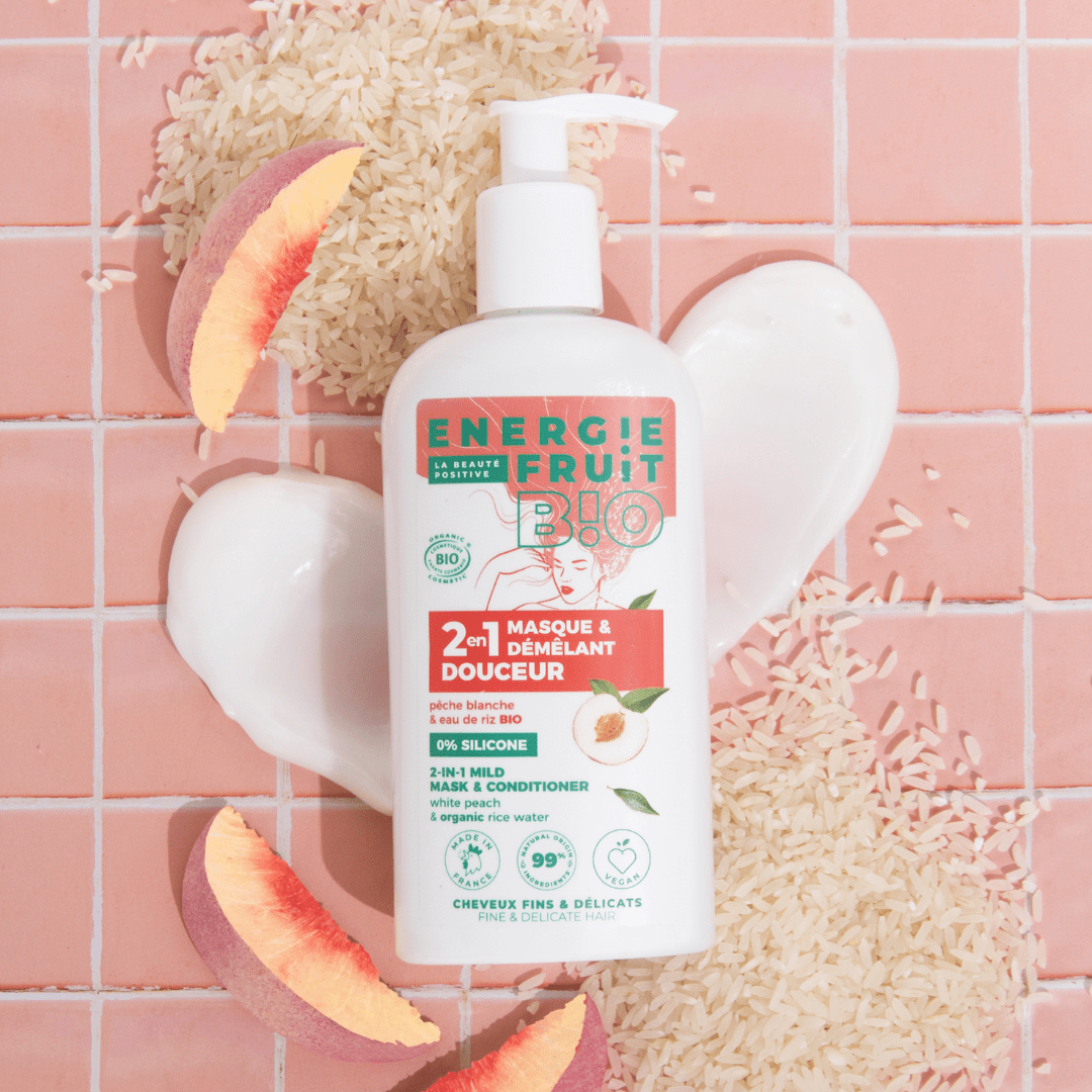 Masque 2 en 1 Douceur sans Silicone - Pêche Blanche et Eau de Riz Bio Soin Capillaire ENERGIE FRUIT 