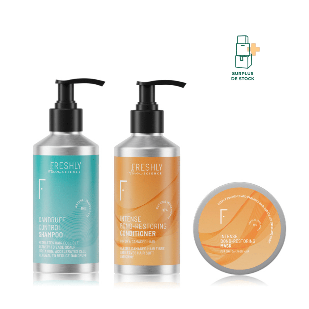 Coffret Bye Bye Caspa - 3 produits cheveux Soin Capillaire FRESHLY shampoing antipelliculaire à la menthe 250 ml - Conditionneur Intense Restore Bond 250 ml - masque capillaire Intense Restore Bond 200 ml 