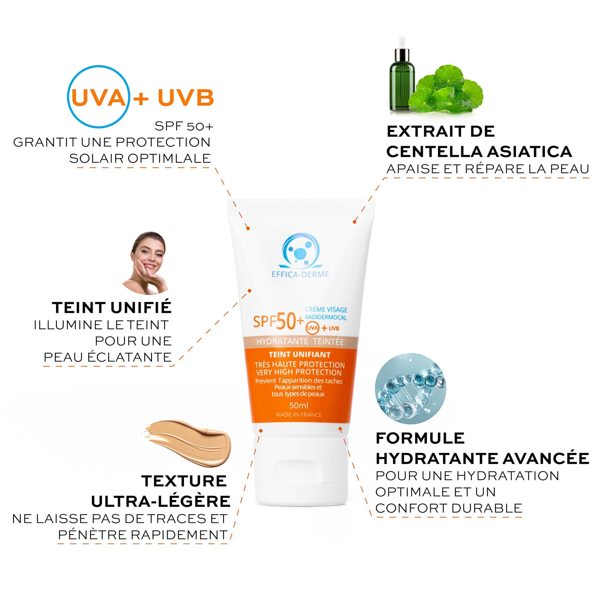CRÈME RADIDERMOCAL TEINTÉE – SPF50+ Hydratante & Haute Protection Soin solaire Effica-Derme 