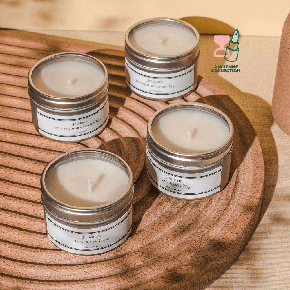 Bougie parfumée - Pot en métal gris avec son couvercle 50 g bougie d'ambiance Joliderm Les pots des bougies miniatures ont évolué : les pots en métal gris ont été remplacés par les pots en métal blanc Parfum Fraîcheur Matinale 
