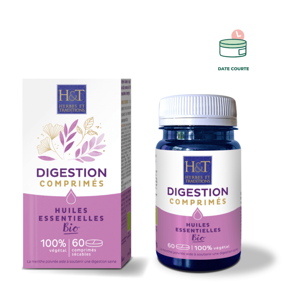 DIGESTION - COMPLÉMENT BIO AUX HUILES ESSENTIELLES Baume Herbes et Traditions À utiliser de préférence avant le 31/01/2025 60 comprimés 