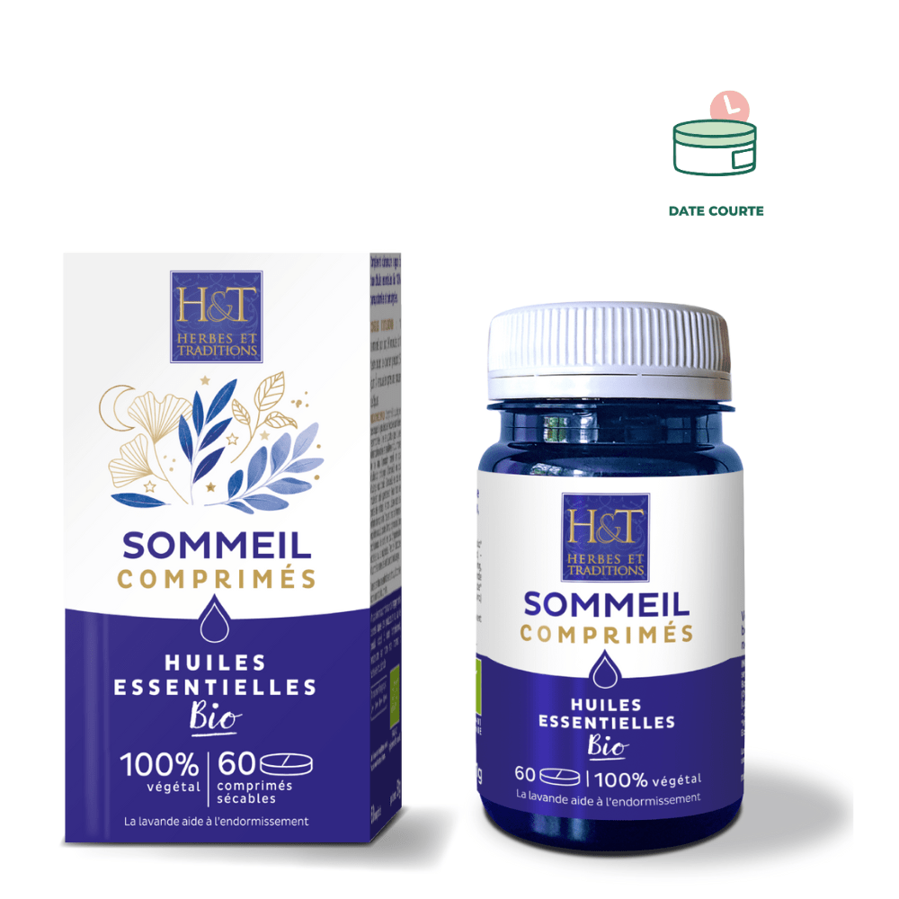 SOMMEIL - COMPLÉMENT BIO AUX HUILES ESSENTIELLES Complément Alimentaire Herbes et Traditions À utiliser de préférence avant le 31/01/2025 60 comprimés 