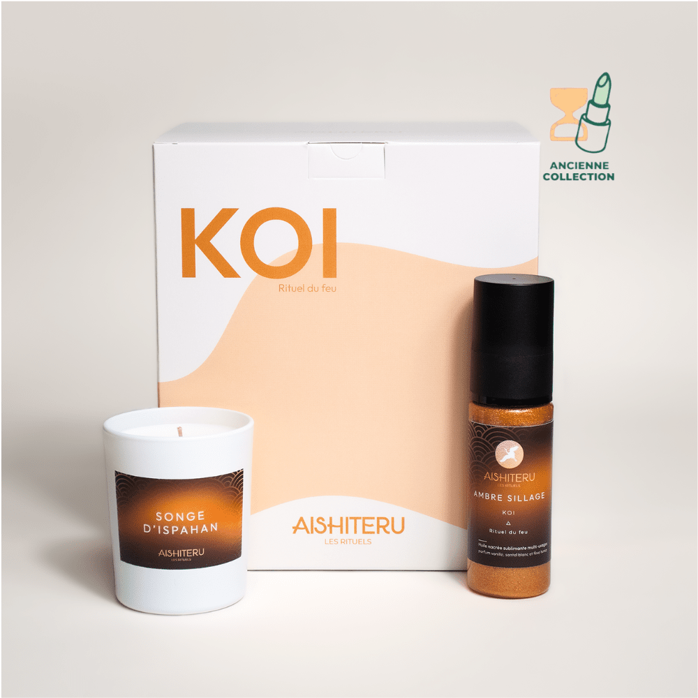 KOI - Coffret rituel du feu parfum d'interieur AISHITERU Set de 2 produits Parfum : Vanille - Santal blanc - Fève tonka 