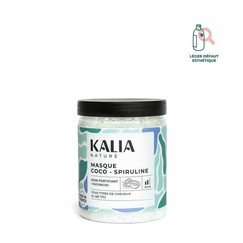 Masque coco-spiruline : Nourrit, Fortifie & Gaine Masque KALIA Sur ce lot le produit a bien été homogénéisé : les grains ne sont plus visibles 200 ml 