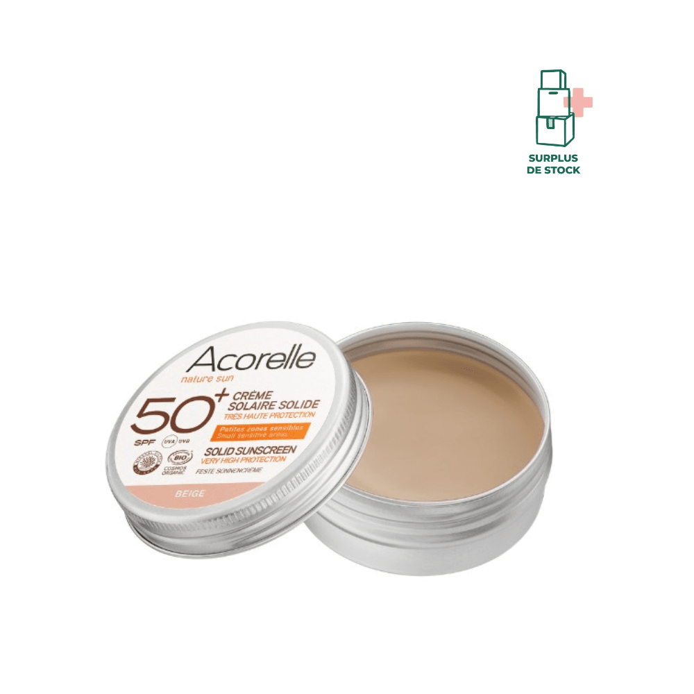 Crème Solaire Solide Beige SPF50+ BIO Certifiée protection solaire Acorelle 