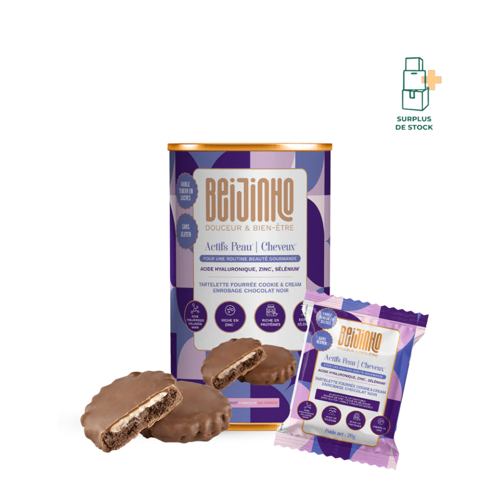 Tartelette Chocolat Noir Cookies and Cream - Actifs Peau & Cheveux Complément Alimentaire Beijinho 8 sachets individuels X26 g. Poids net : 208 g 