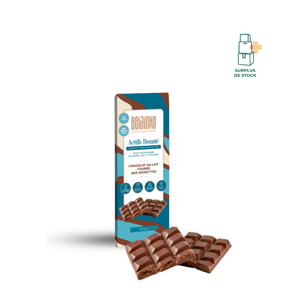 Tablette Chocolat au Lait Cacao Noisette - Actifs Beauté Complément Alimentaire Beijinho Poids net : 105 g 