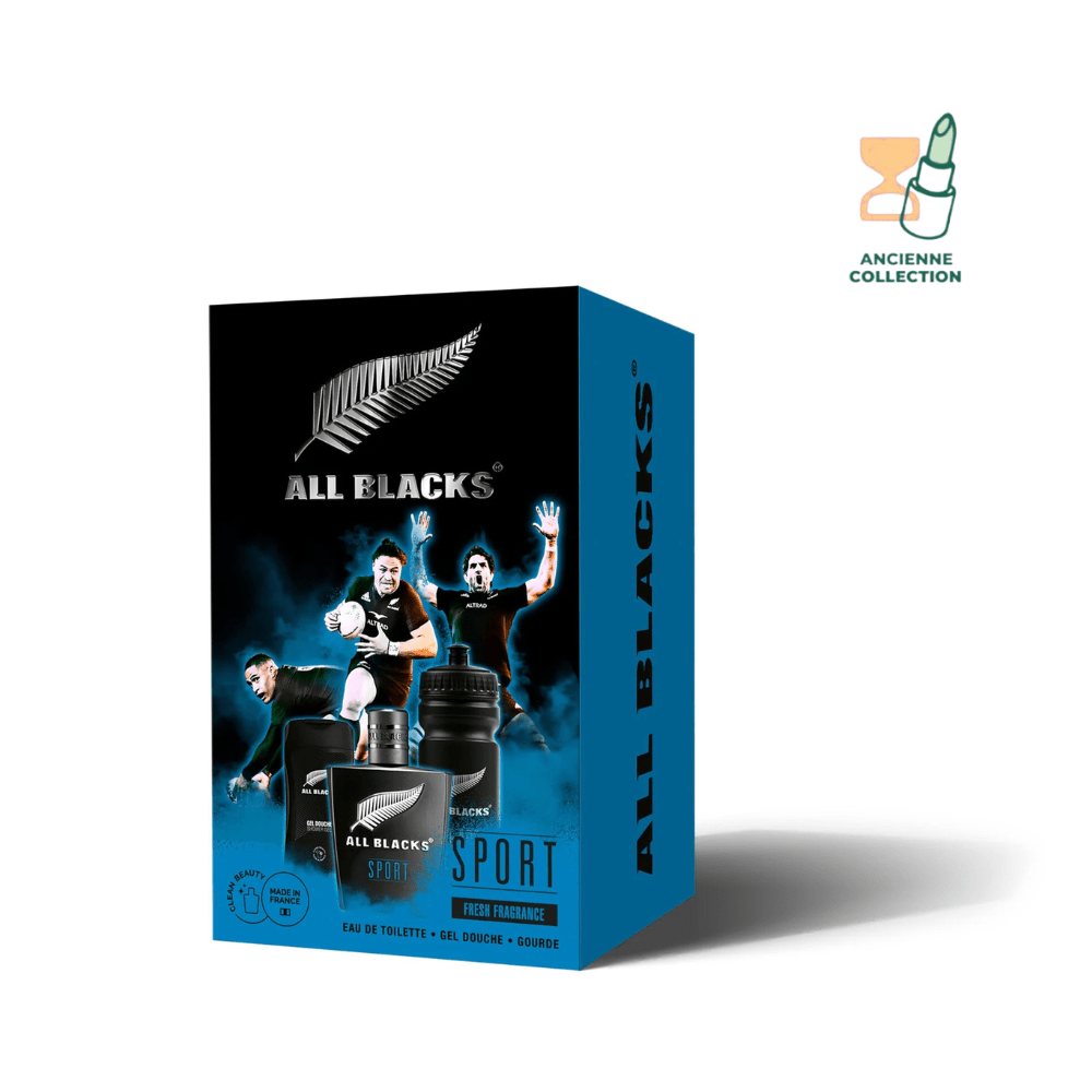 COFFRET ALL BLACKS SPORT Parfum Homme ALL BLACKS EDT 80 ml + Gel douche 250ml + Gourde Parfum Frais aux notes hespéridées 