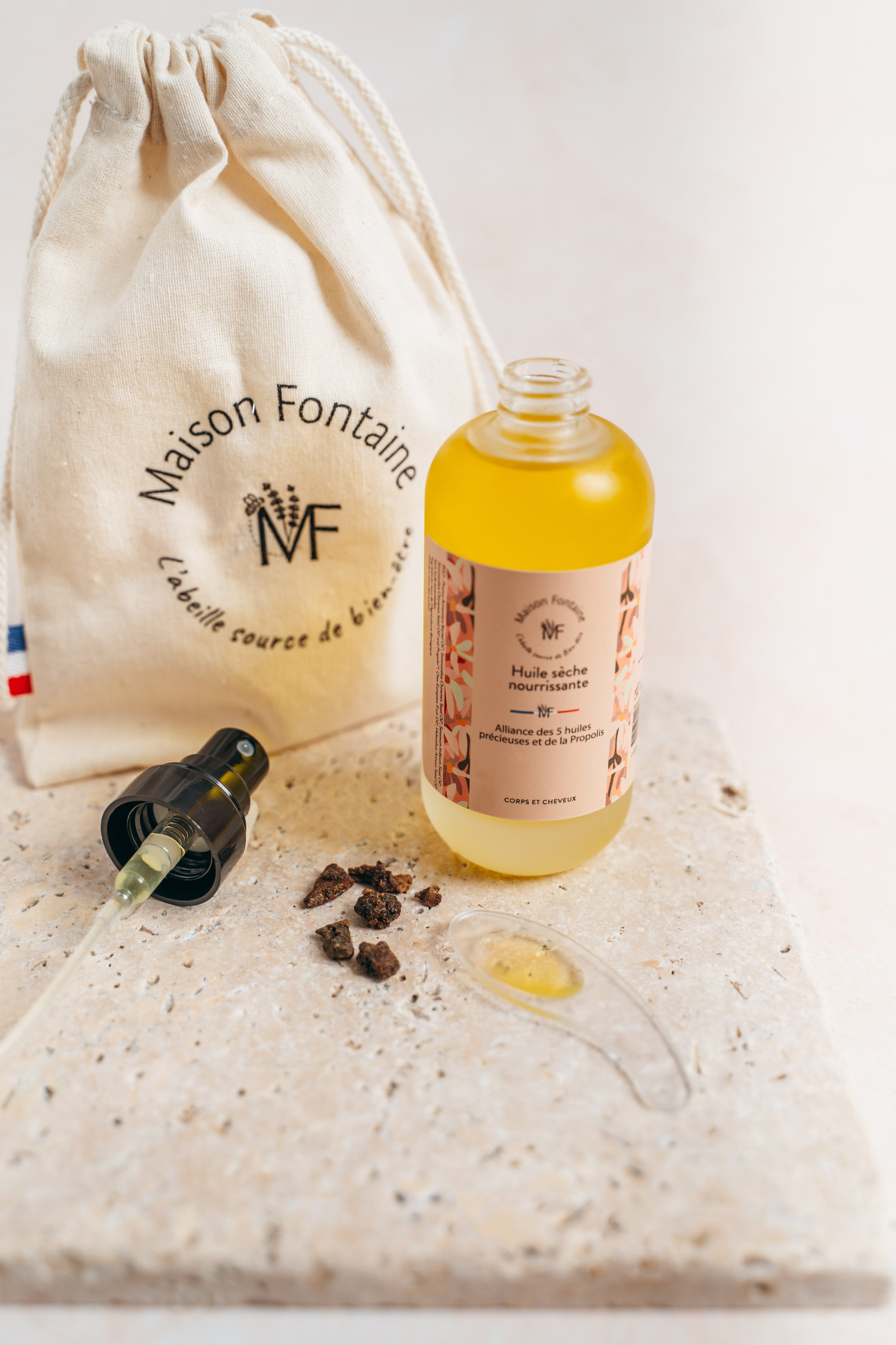 Huile sèche corps et cheveux à la propolis - Alliance des 5 huiles précieuses Soin Corps Maison Fontaine 