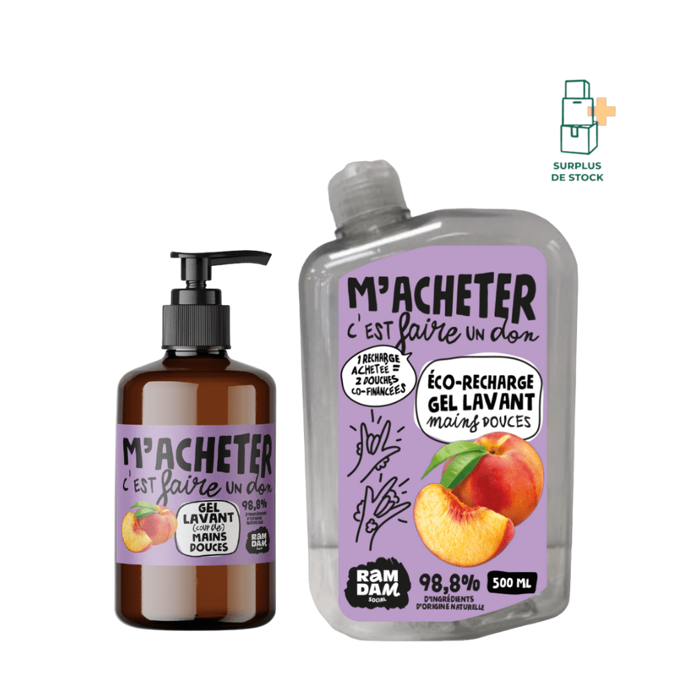 Pack Lavant main pêche Soin Nettoyant RAMDAM SOCIAL Flacon-pompe 250 ml + Éco-recharge 500 ml 
