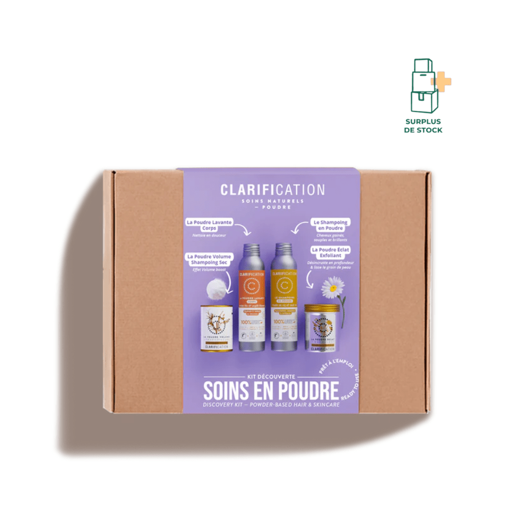 Kit Découverte de Soins en Poudre - Shampoing sec, Exfoliant, Shampoing et Poudre Lavante Corps Soin Corps CLARIFICATION 4 Soins corps et cheveux en poudre 100% d'origine naturelle 