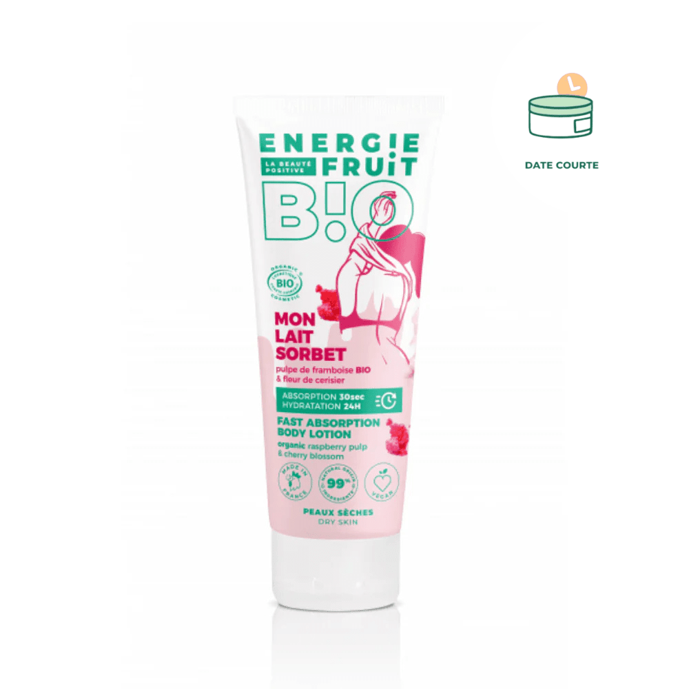 Mon lait sorbet - Lait corps absorption rapide certifié BIO - Fleur de cerisier et pulpe de framboise Soin Corps ENERGIE FRUIT 200 ml DLUO : 6 décembre 2025 