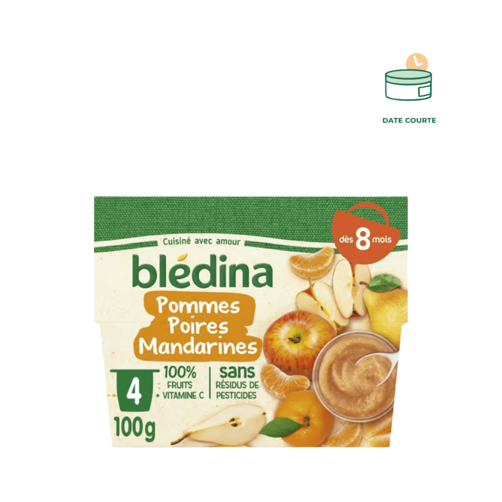 Coupelles Fruits - Pommes Poires Mandarines produit enfant Blédina 1 (4x100g) À consommer avant le 2 septembre 2025 