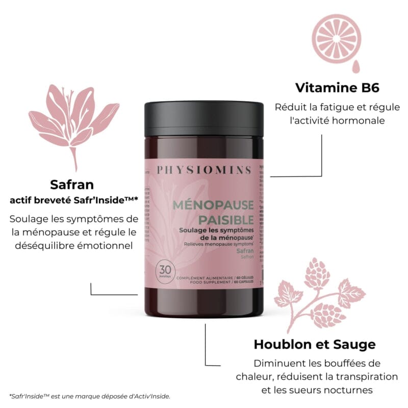 Ménopause Paisible - Soulage les Symptômes de la Ménopause Complément Alimentaire Physiomins 